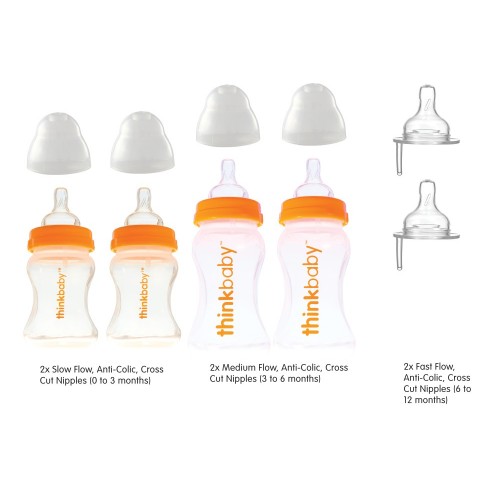 thinkbaby BPA Free 10 pc. Bottle Starter Set (2-5oz slow flow, 2-9oz medium flow,2-fast flow nipples,4-caps)
